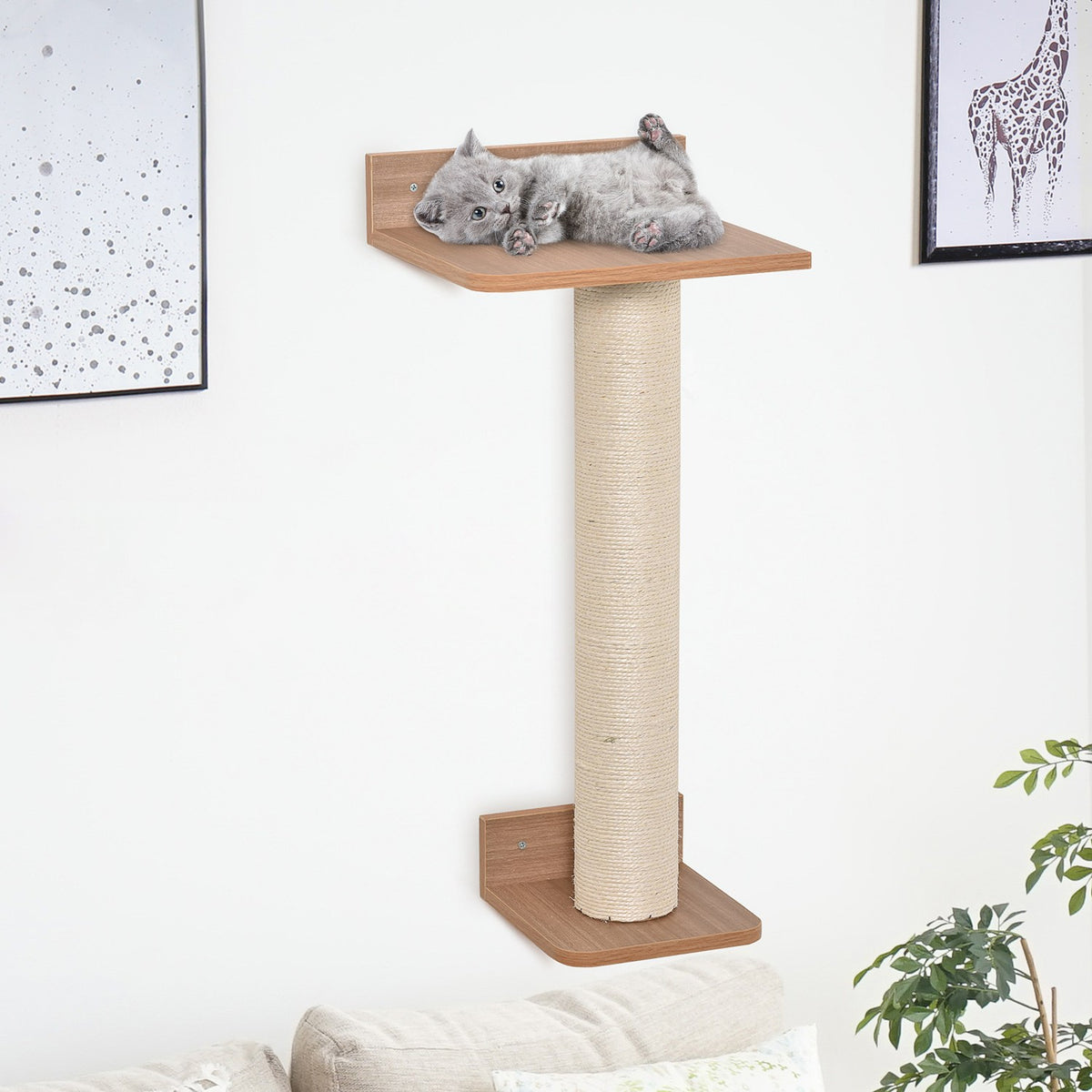 Wall-Mounted Climbing Tree For Cats Scratching Post With Cat Boards, Sisal Covering, Natural, 30X27.5X63Cm