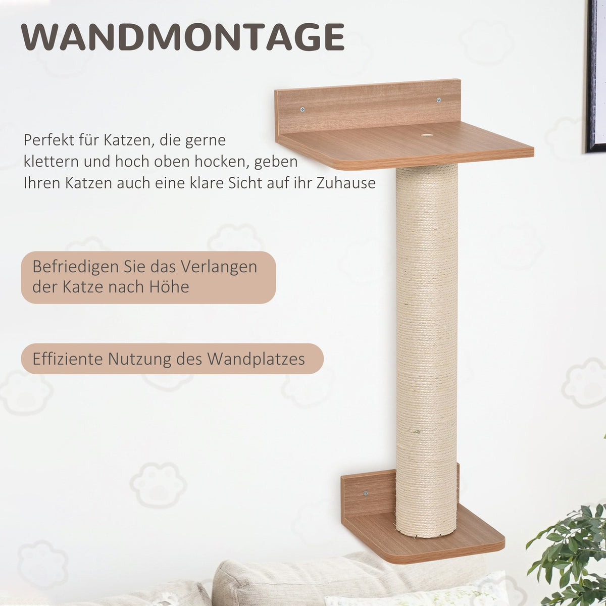 Wall-Mounted Climbing Tree For Cats Scratching Post With Cat Boards, Sisal Covering, Natural, 30X27.5X63Cm