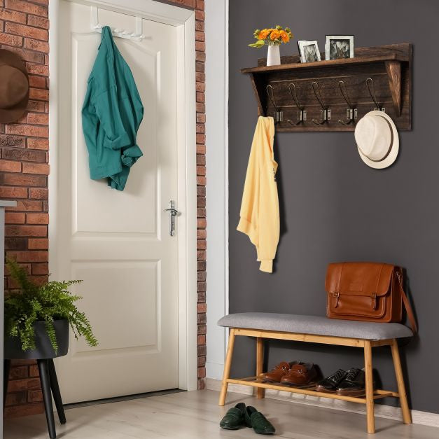 Wall-Mounted Coat Rack With Shelf, 5 Dual Hooks, Brown