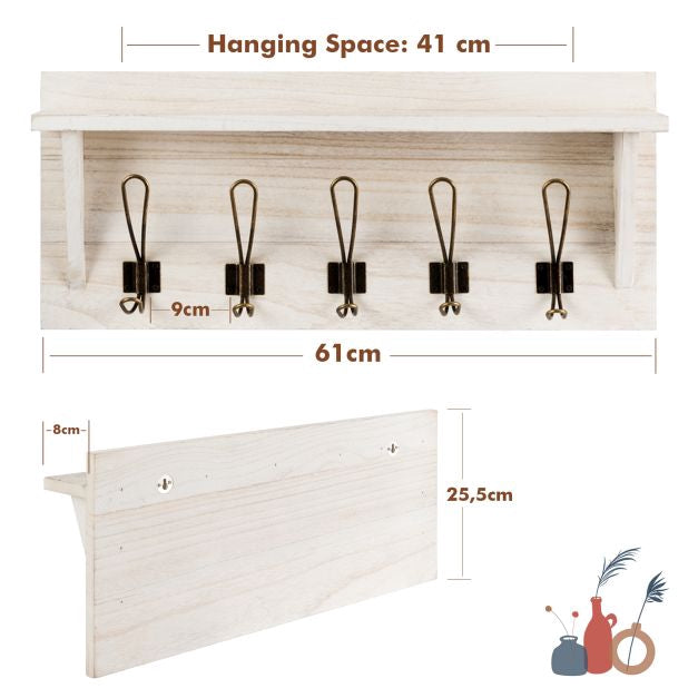 Wall-Mounted Coat Rack With Shelf, 5 Dual Hooks, White