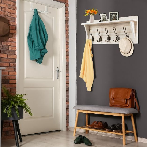 Wall-Mounted Coat Rack With Shelf, 5 Dual Hooks, White