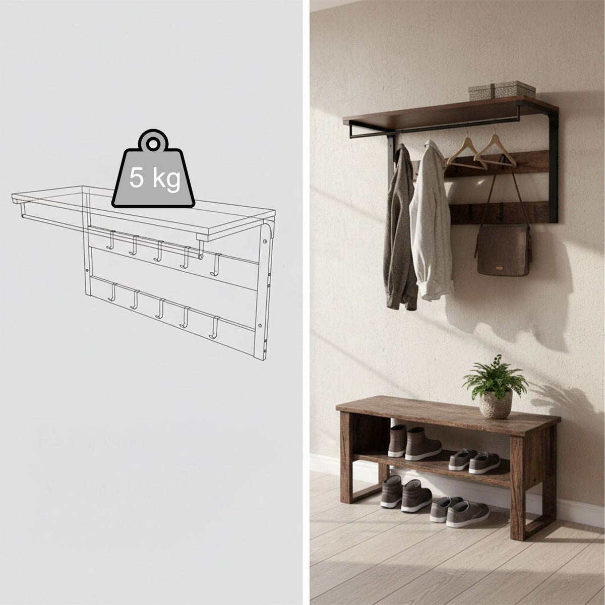 Wall-Mounted Coat Rack with 10 Hooks and Shelf