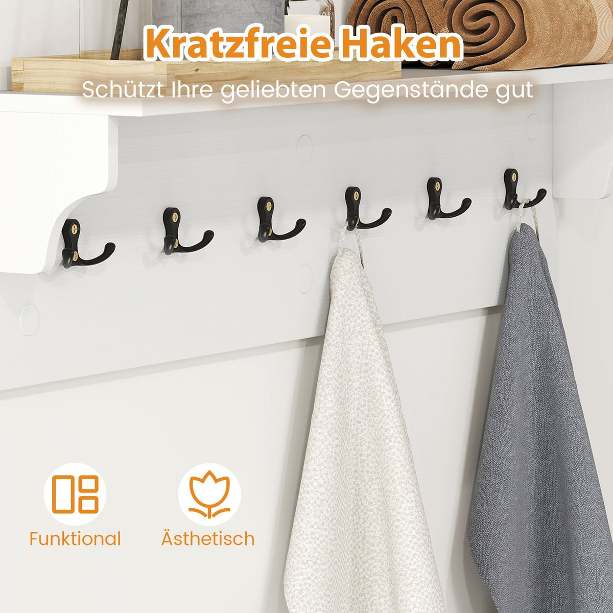 Wall-Mounted Coat Rack with Shelf & 6 Hooks, White Wood