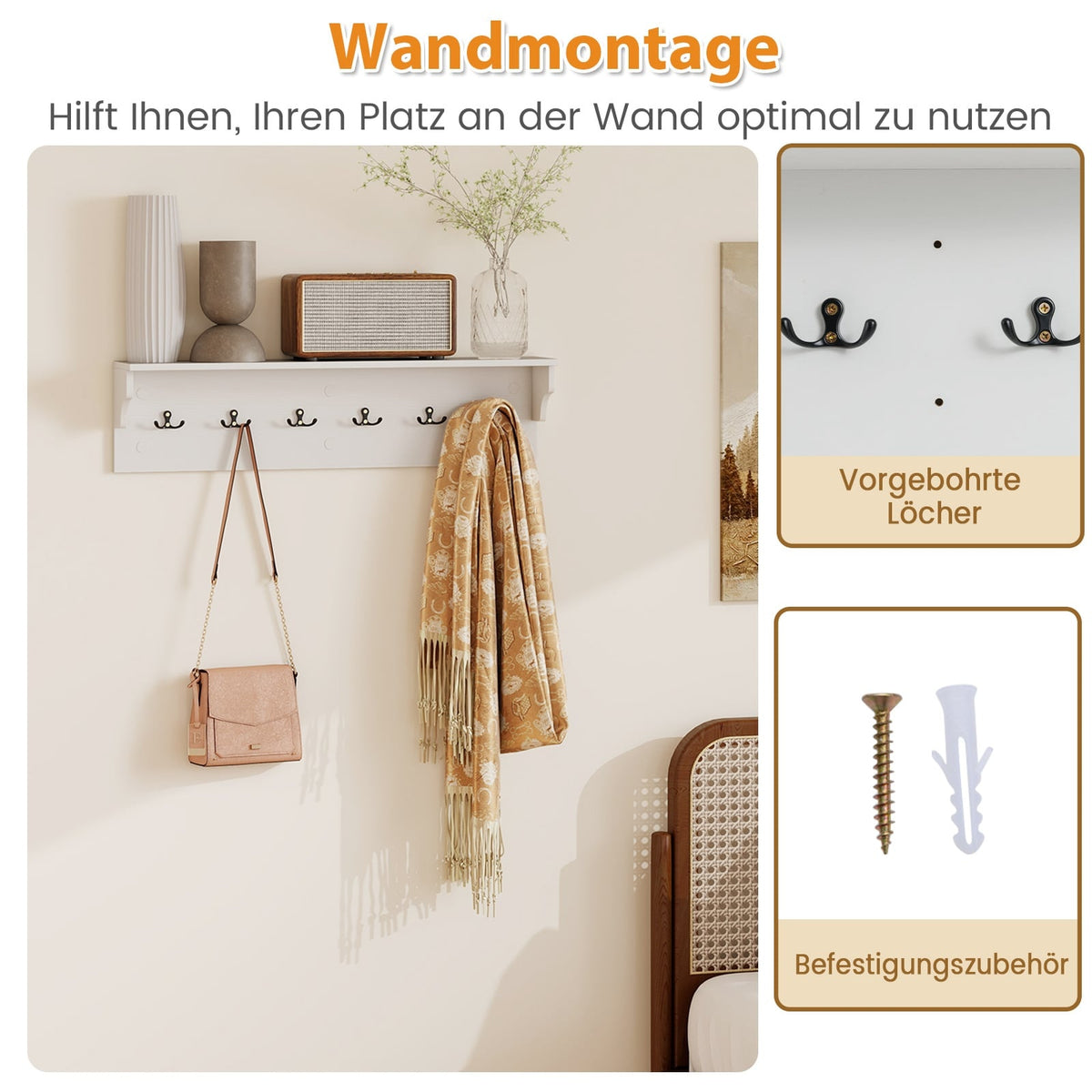 Wall-Mounted Coat Rack with Shelf & 6 Hooks, White Wood