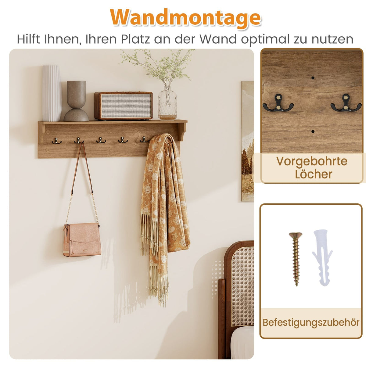 Wall-Mounted Coat Rack with Shelf & 6 Hooks, Wood