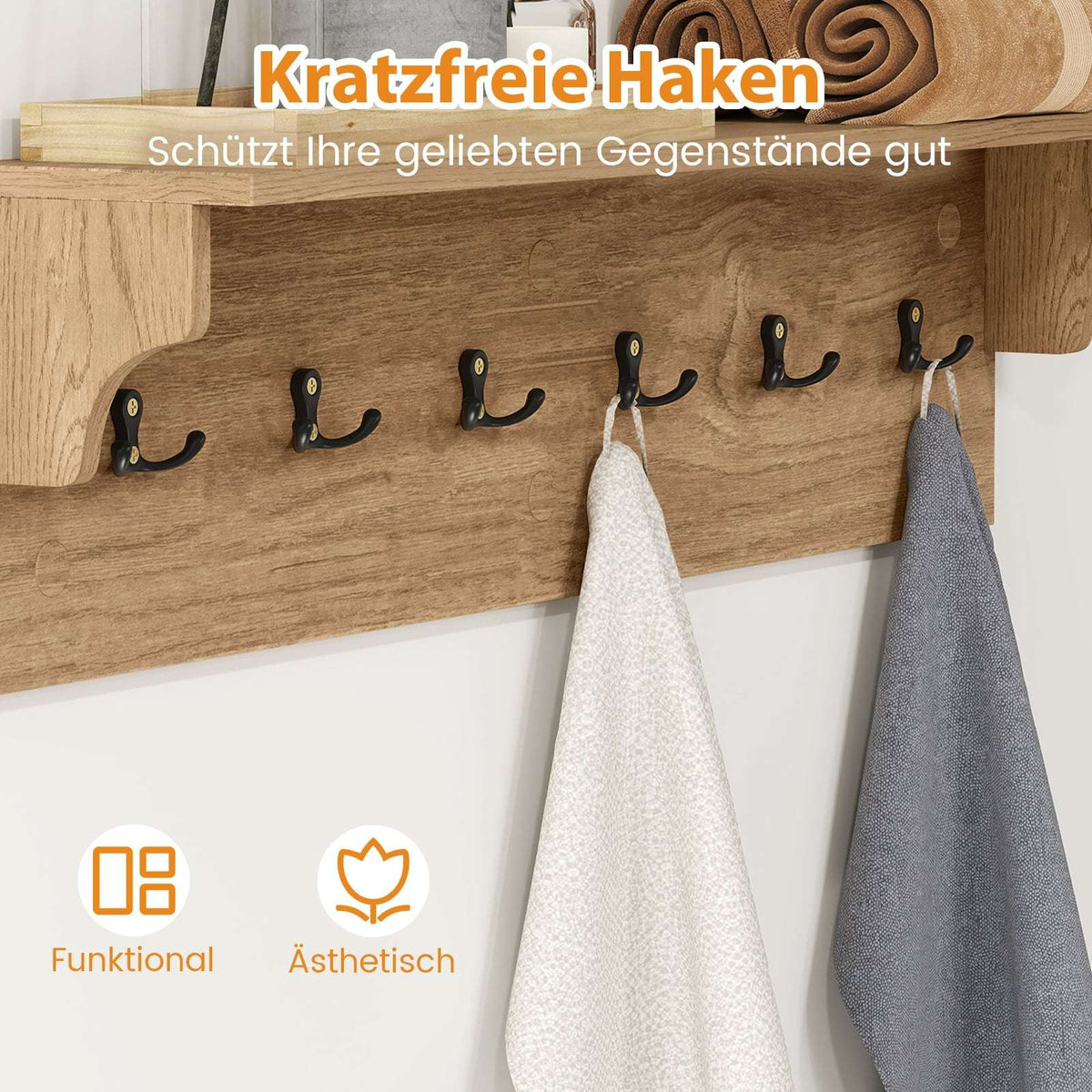 Wall-Mounted Coat Rack with Shelf & 6 Hooks, Wood