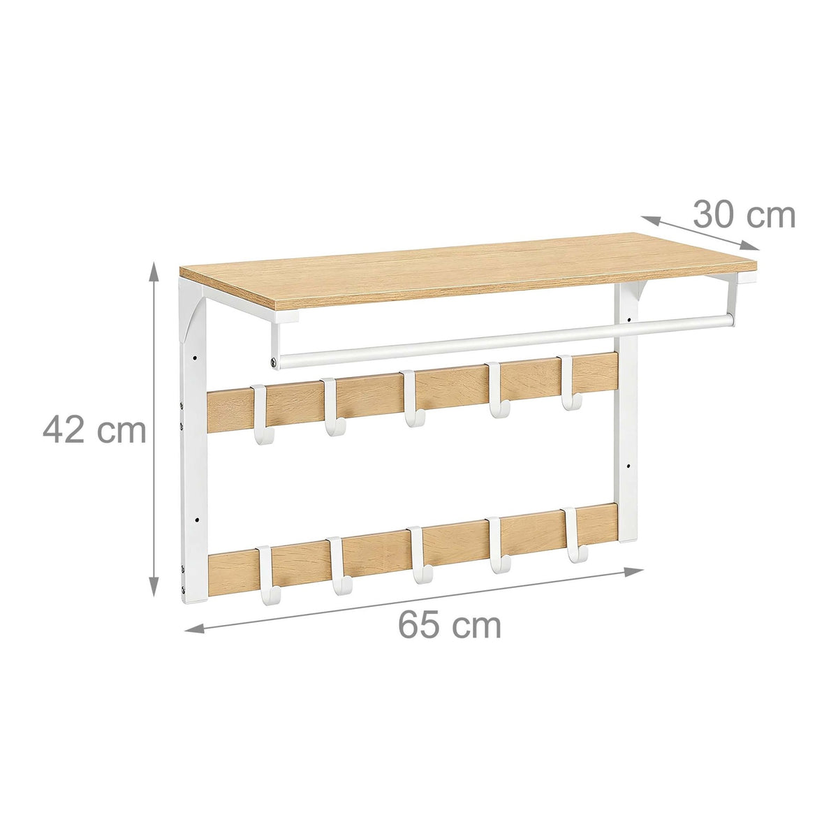 Wall-Mounted Coat Rack with Shelf, White Oak, 65 cm