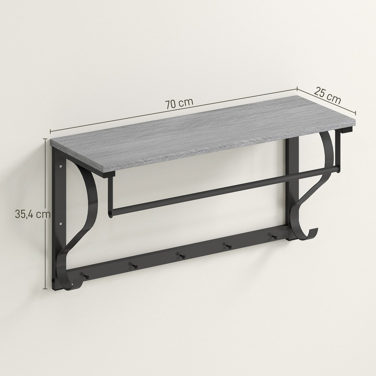 Wall-Mounted Coat Rack with Shelf and 5 Hooks, Gray