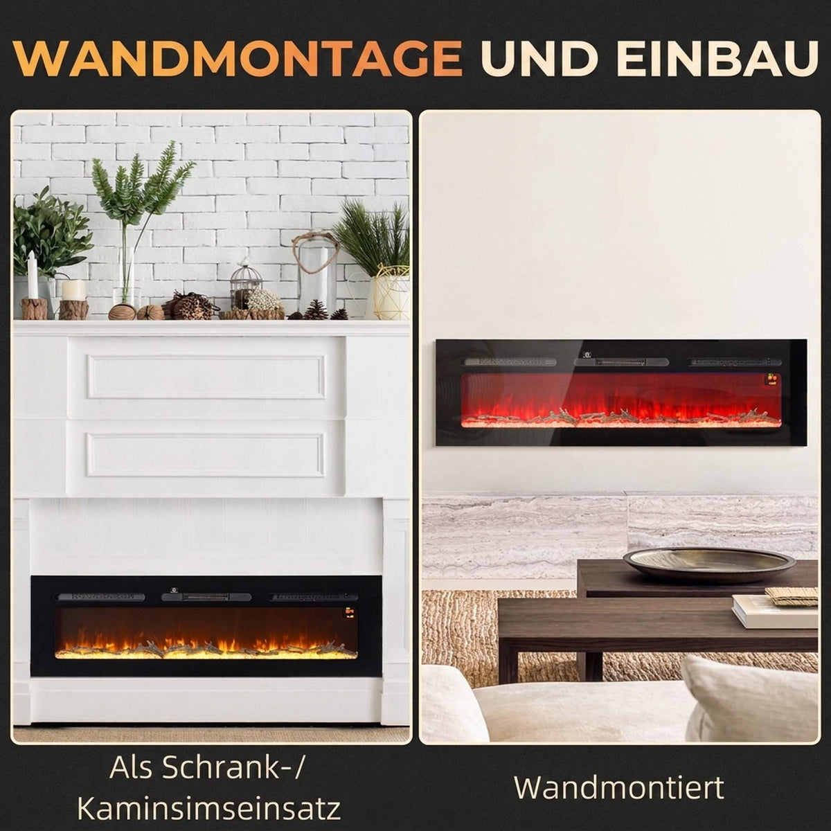 Wall-Mounted Electric Fireplace, 1800W, Remote Control