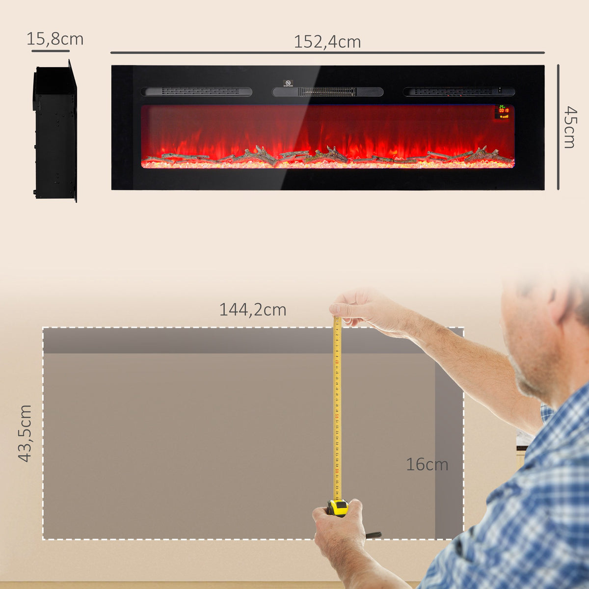 Wall-Mounted Electric Fireplace, 1800W, Remote Control