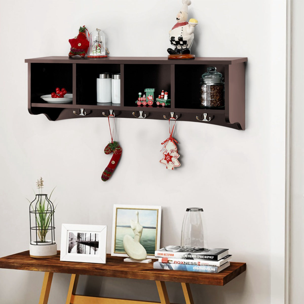 Wall-Mounted Entryway Coat Rack Cabinet, 4 Cubes, 5 Hooks