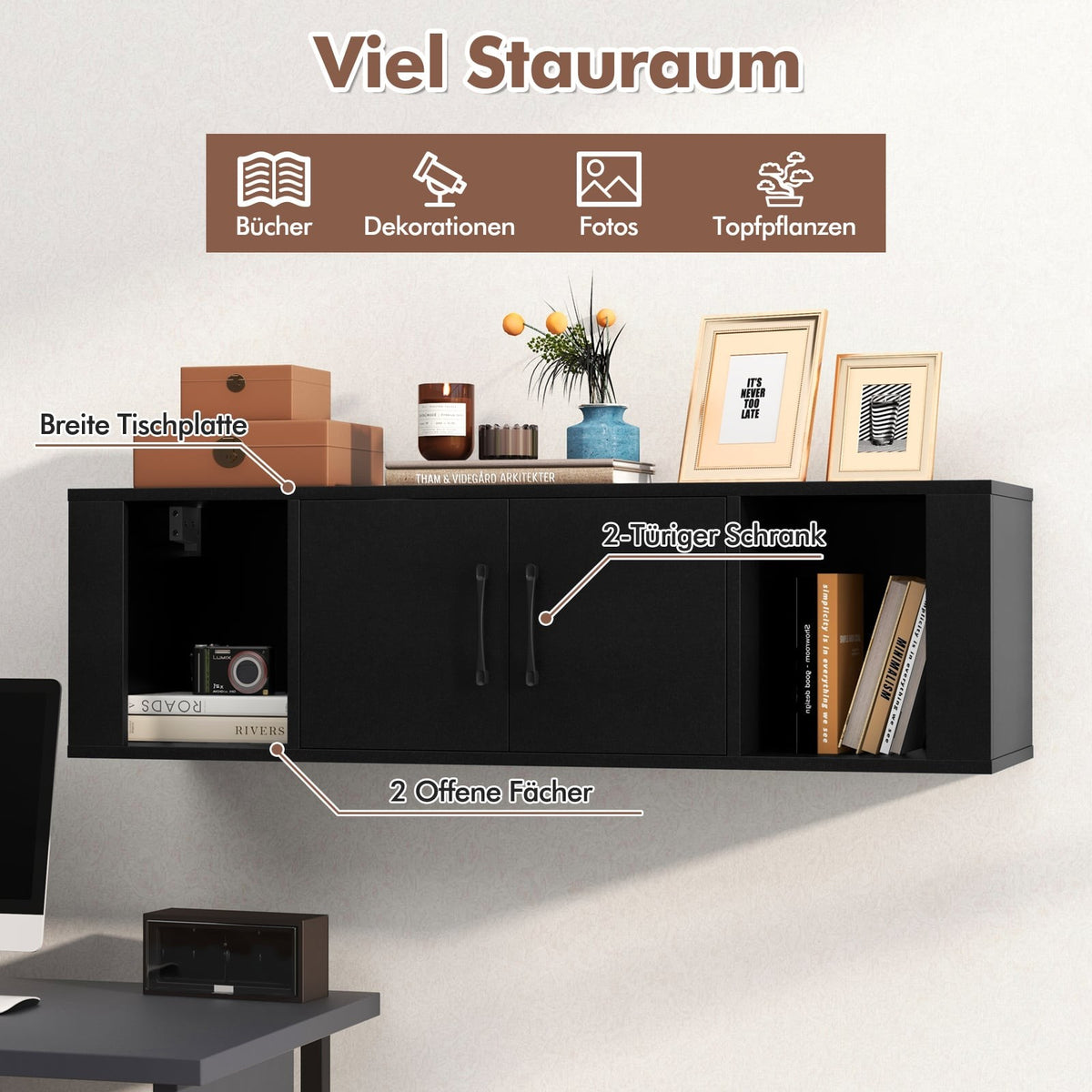 Wall-Mounted Floating Desk with Storage, Black, 2-Door