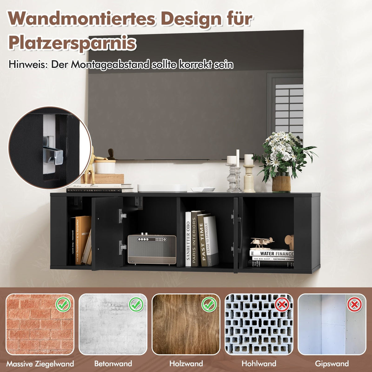 Wall-Mounted Floating Desk with Storage, Black, 2-Door