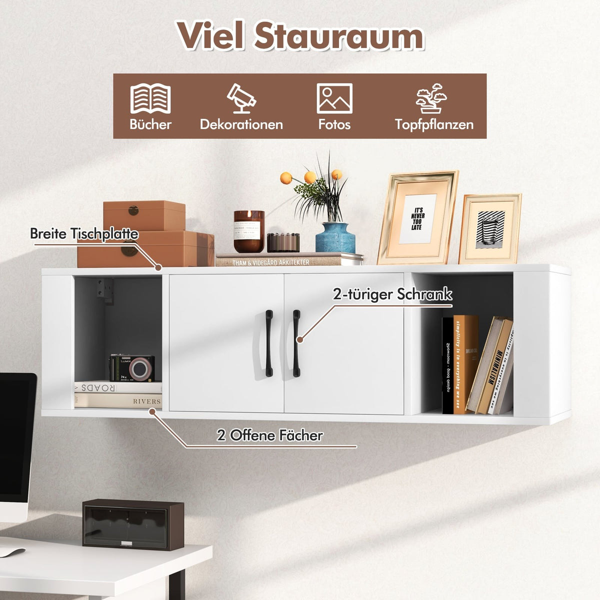 Wall-Mounted Floating Desk with Storage, White, 2 Doors