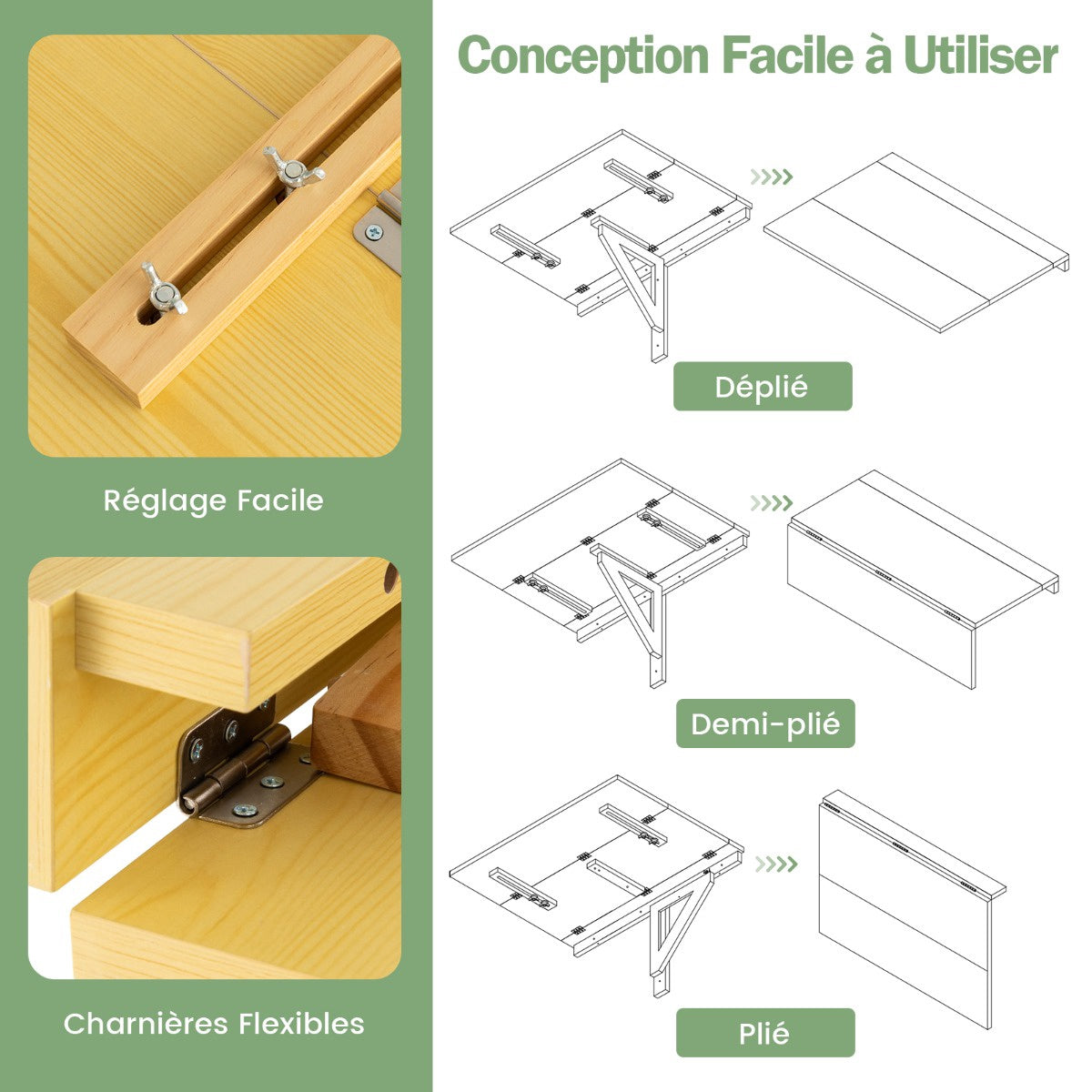 Wall-Mounted Folding Desk, 80x60cm MDF Pine