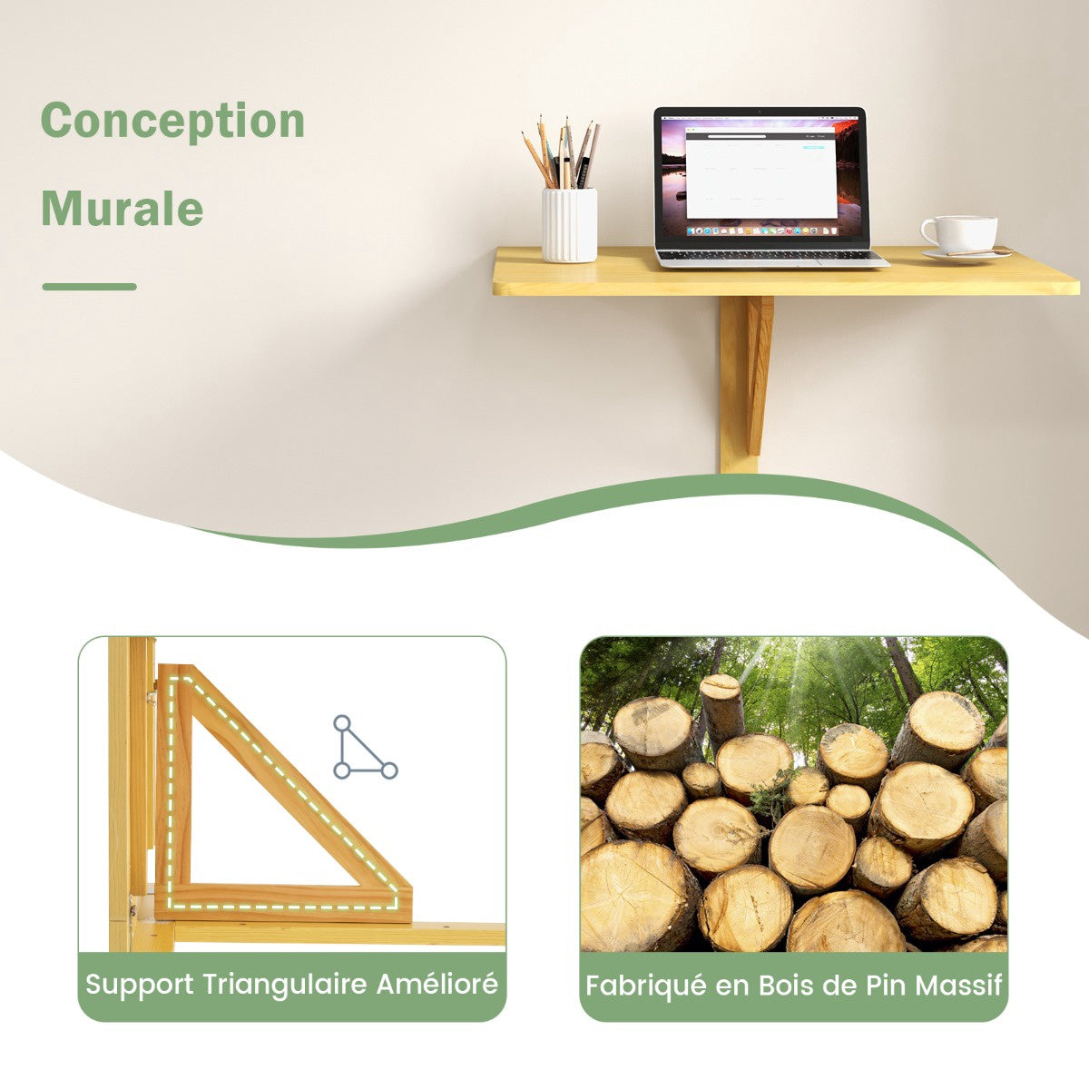 Wall-Mounted Folding Desk, 80x60cm MDF Pine