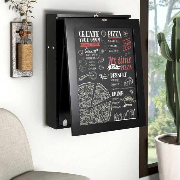 Wall-Mounted Folding Desk, Blackboard and Storage, Black