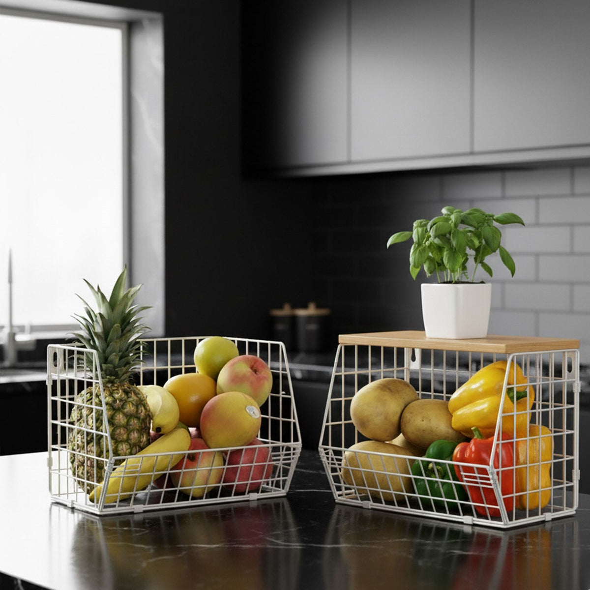 Wall-Mounted Fruit Rack with Wood-Effect Shelf