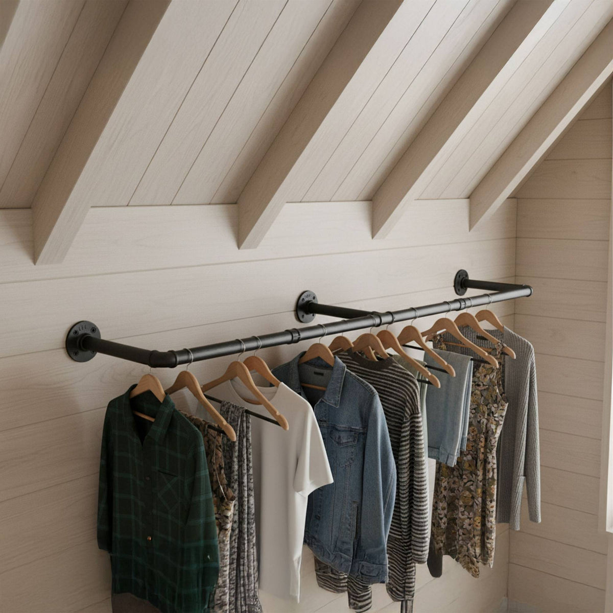 Wall-Mounted Industrial Clothes Rail with S-Hooks