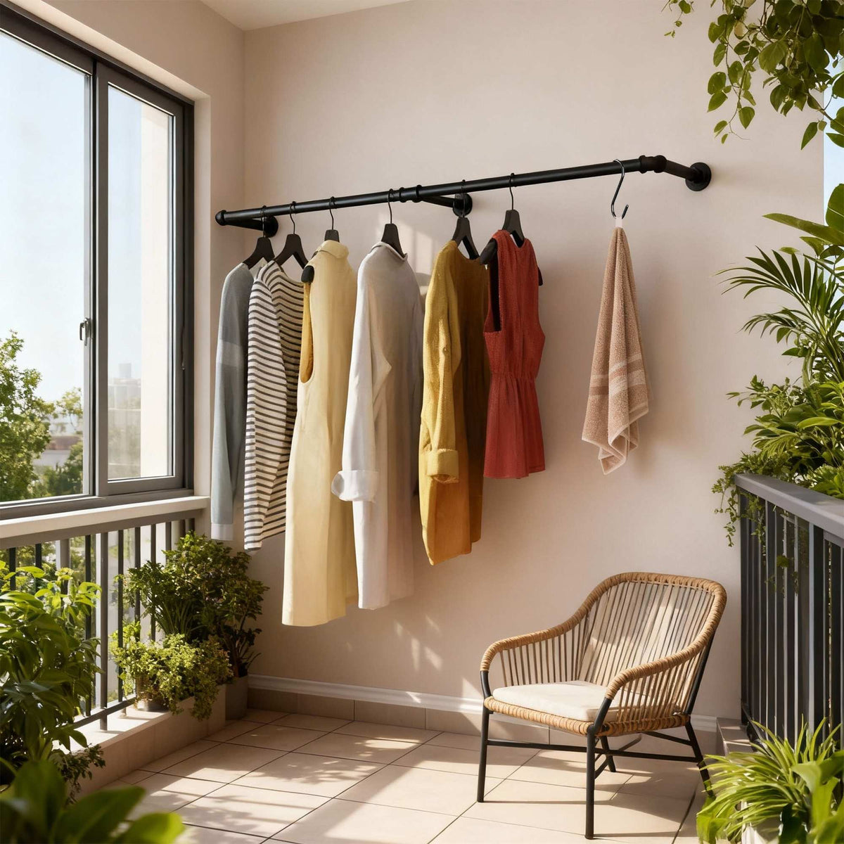 Wall-Mounted Industrial Clothes Rail with S-Hooks