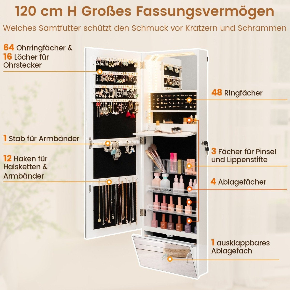 Wall-Mounted Jewelry Cabinet with Lock, LED Mirror, 120cm