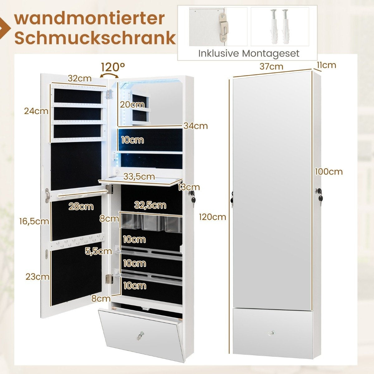 Wall-Mounted Jewelry Cabinet with Lock, LED Mirror, 120cm