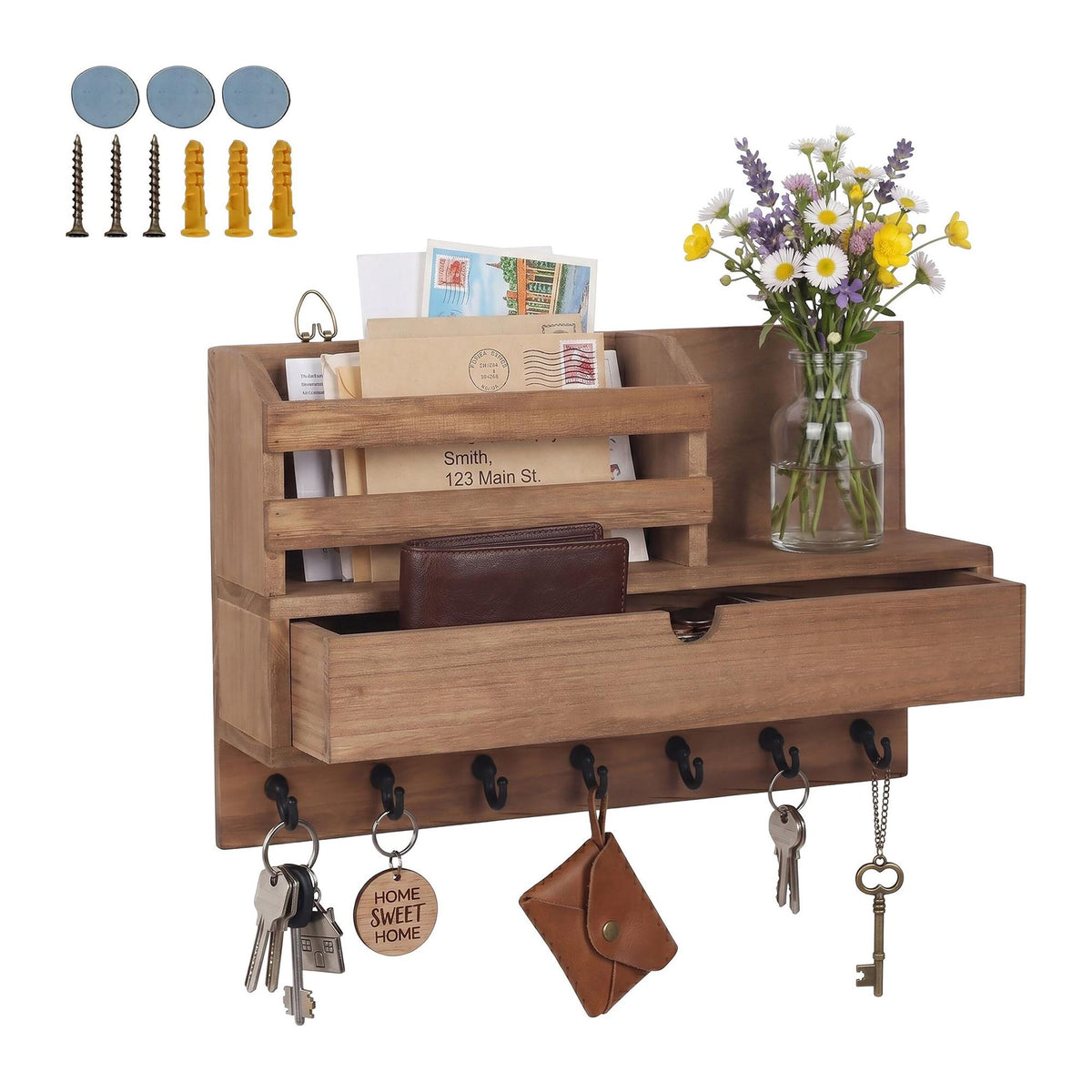 Wall-Mounted Key Rack, 7 Hooks, Drawer And Shelves