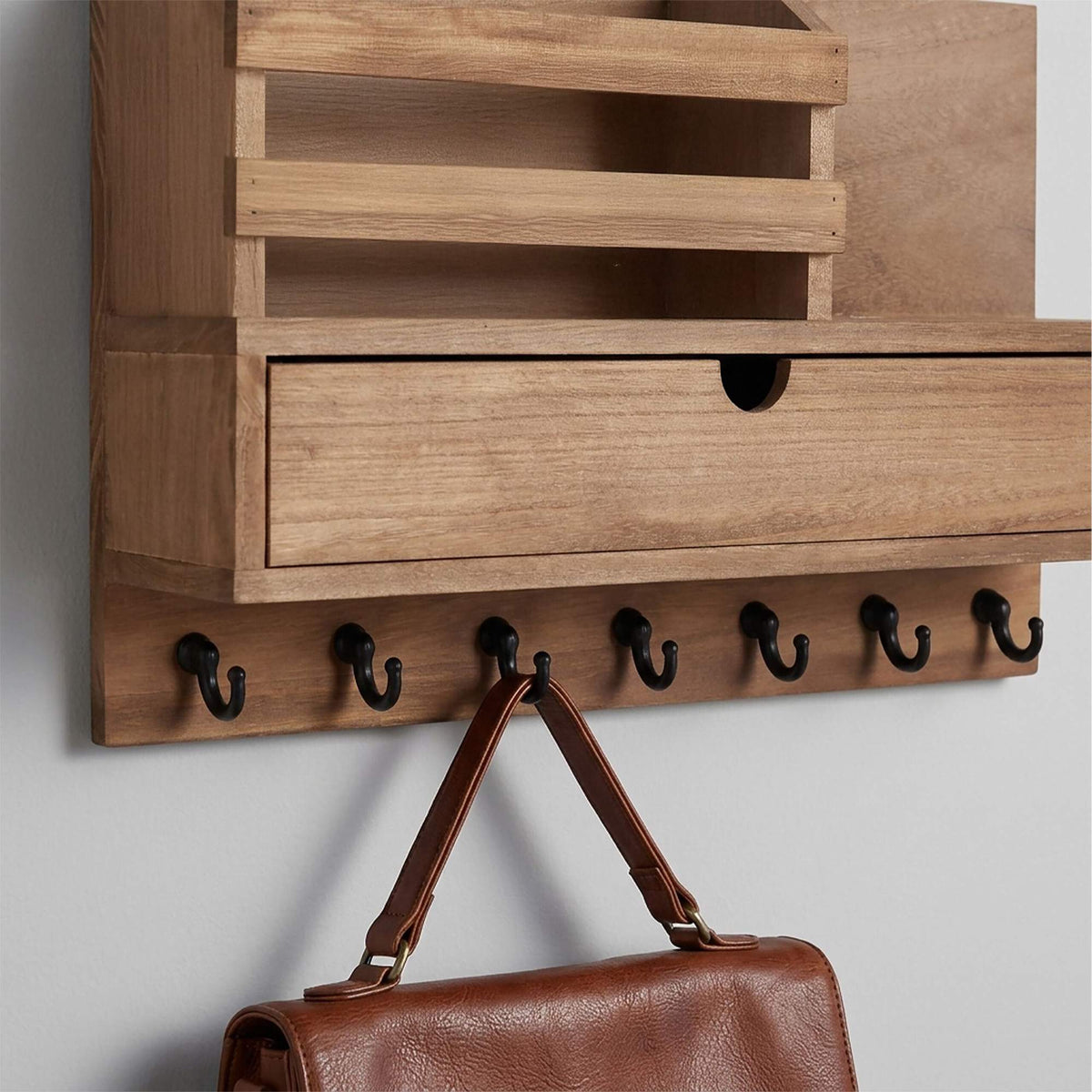 Wall-Mounted Key Rack, 7 Hooks, Drawer And Shelves