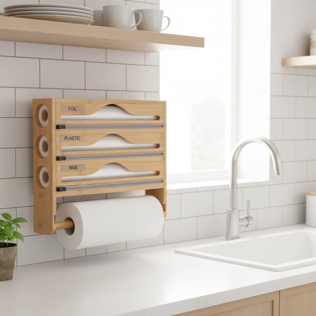 Wall-Mounted Kitchen Roll and Foil Dispenser with Cutter