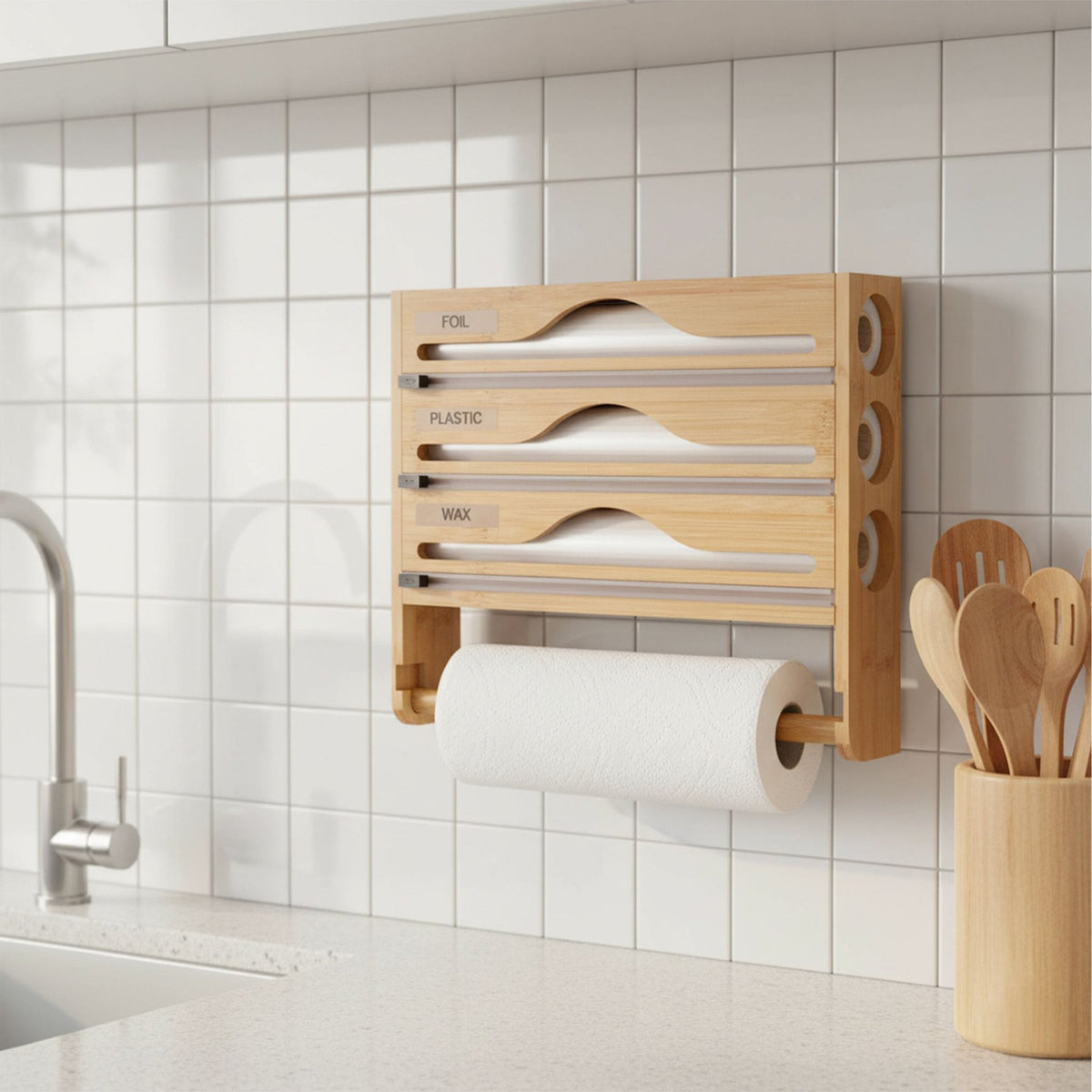 Wall-Mounted Kitchen Roll and Foil Dispenser with Cutter