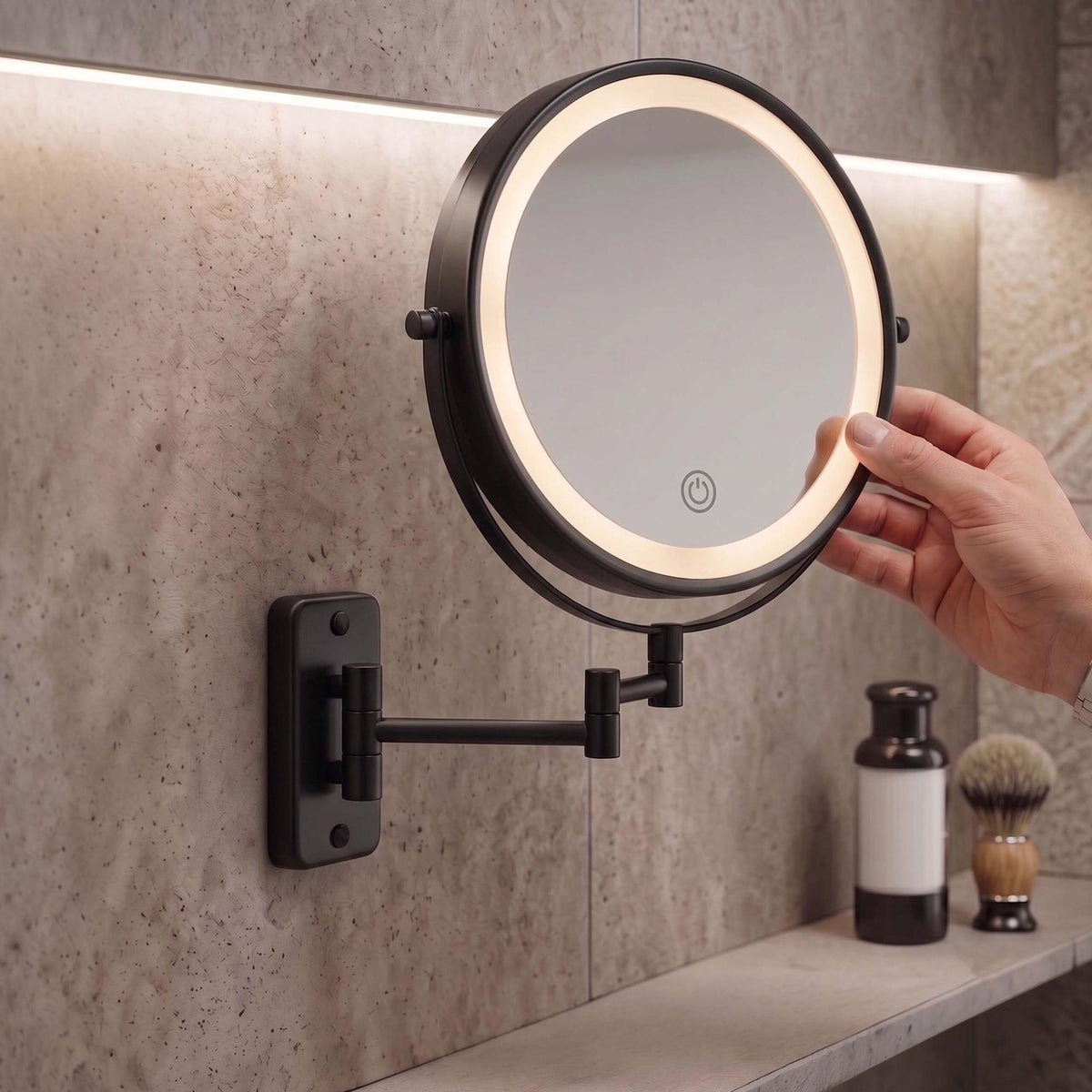 Wall-Mounted LED Cosmetic Mirror, 10x Magnification, Black