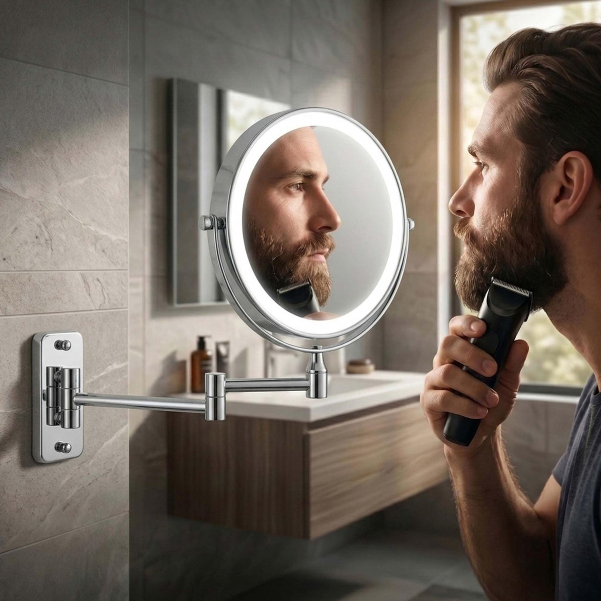 Wall-Mounted LED Mirror, 10x Magnifying, Silver