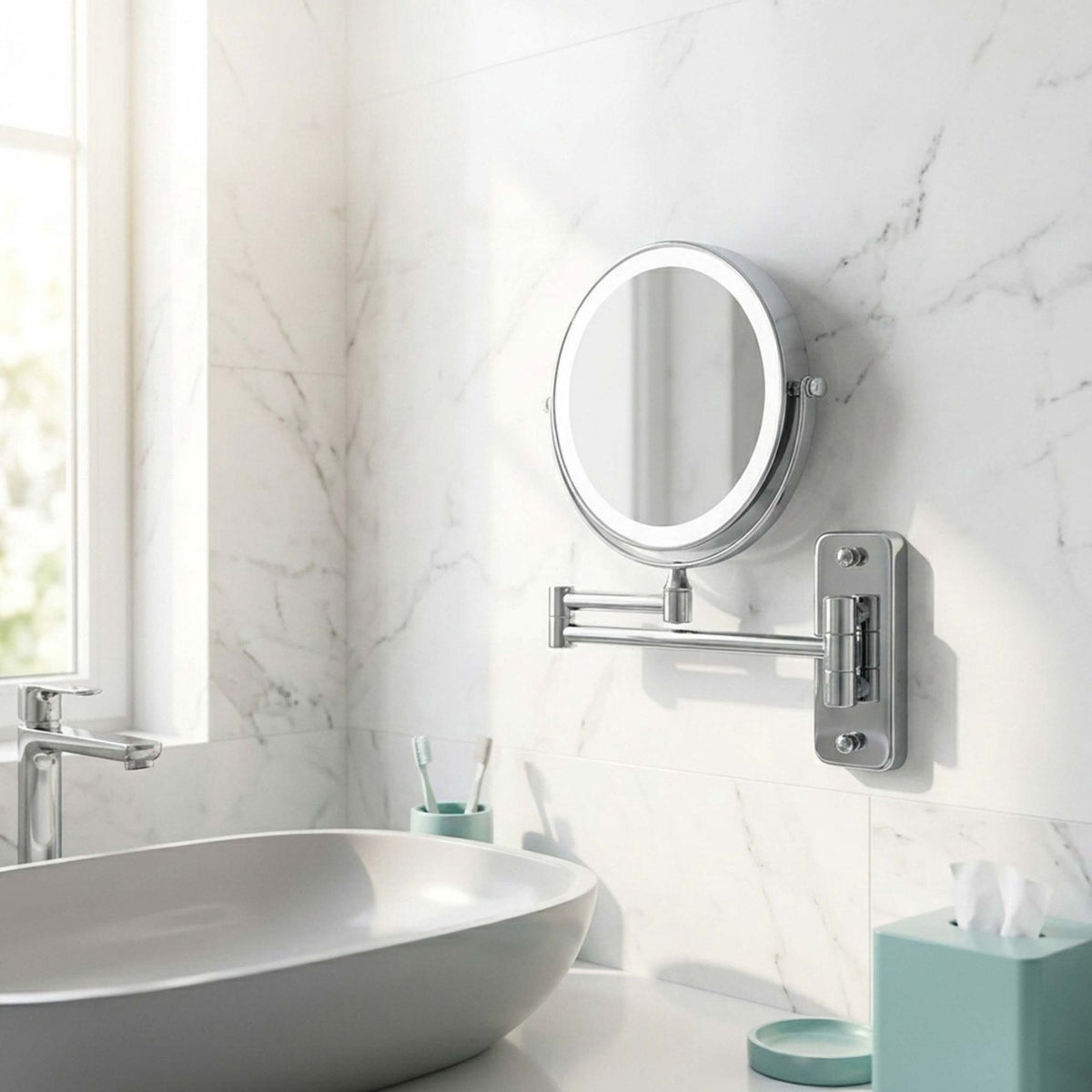 Wall-Mounted LED Mirror, 10x Magnifying, Silver