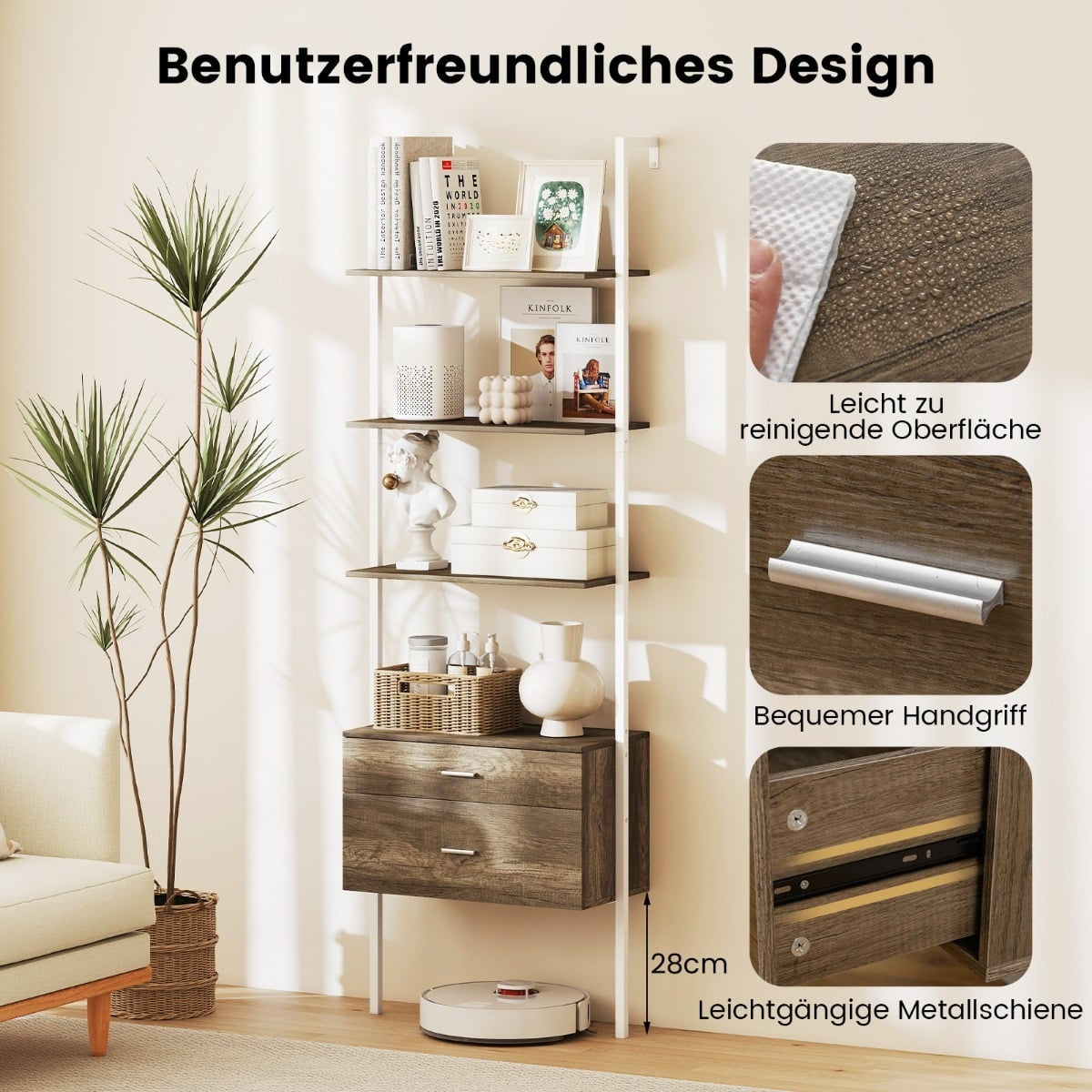 Wall-Mounted Ladder Shelf with 2 Drawers, Metal Frame, Gray