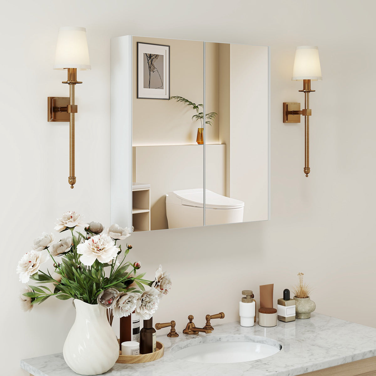 Wall-Mounted Medicine Cabinet, 2-Tier Double Mirror Doors