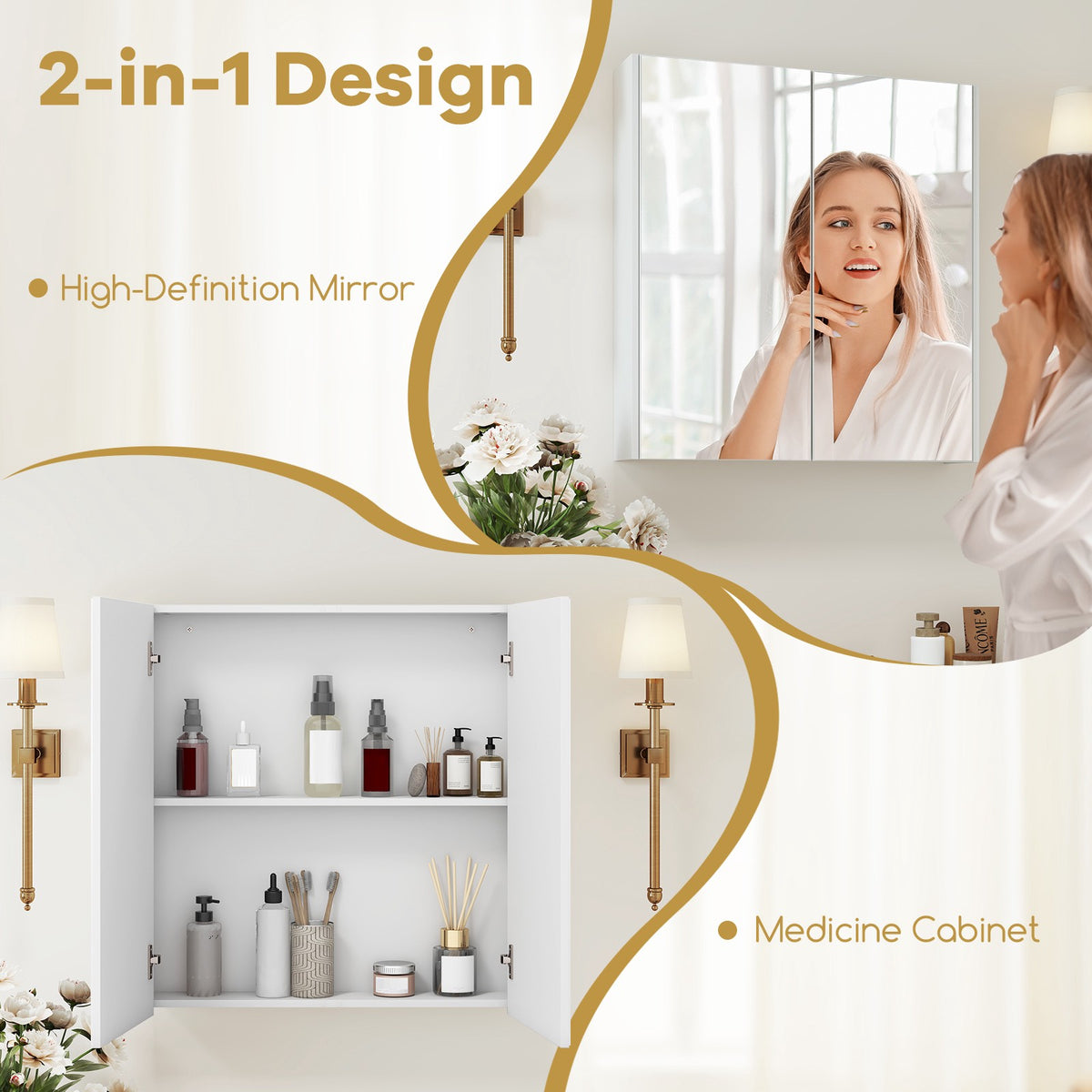 Wall-Mounted Medicine Cabinet, 2-Tier Double Mirror Doors