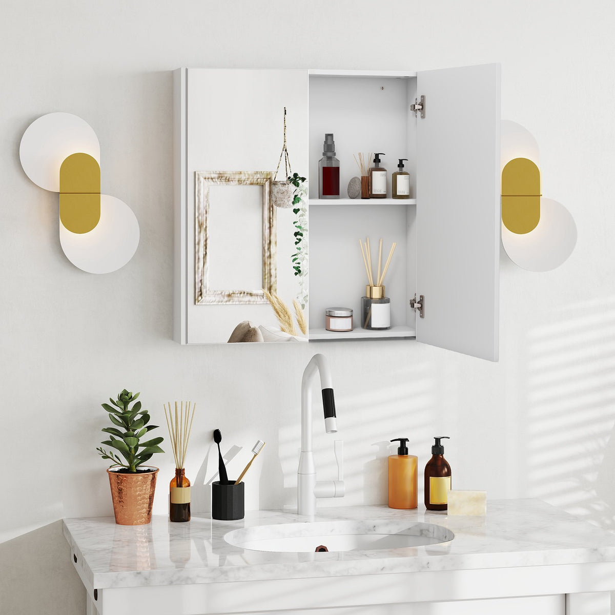 Wall-Mounted Medicine Cabinet, 2-Tier Double Mirror Doors