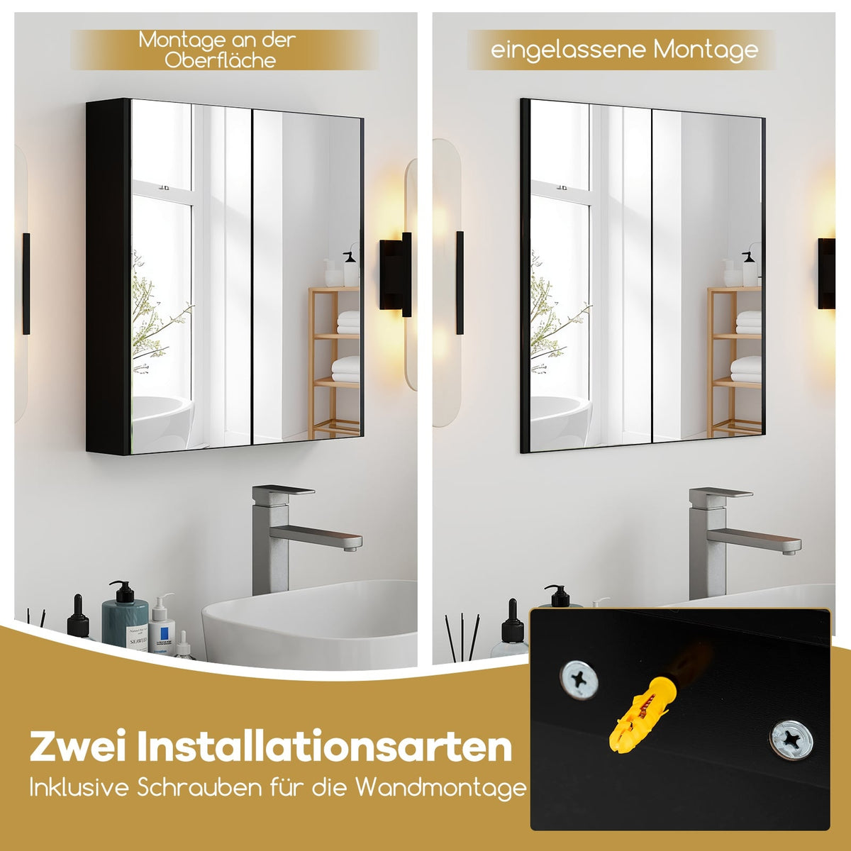 Wall-Mounted Medicine Cabinet, Black, 2 Mirror Doors, Adjustable Shelf