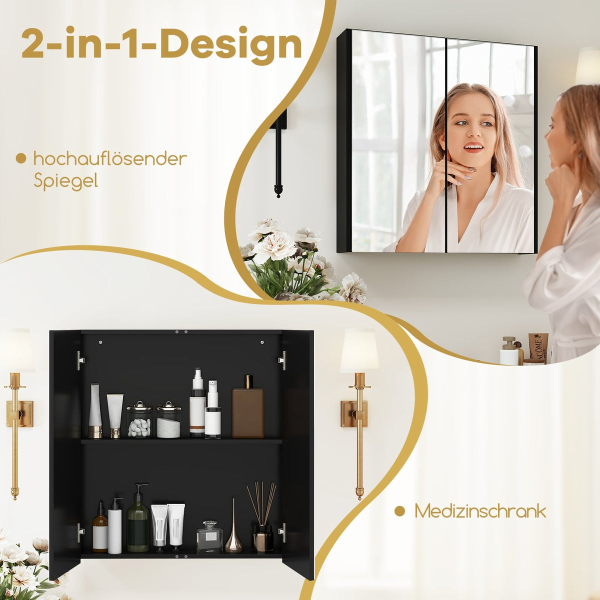 Wall-Mounted Medicine Cabinet, Black, 2 Mirror Doors, Adjustable Shelf