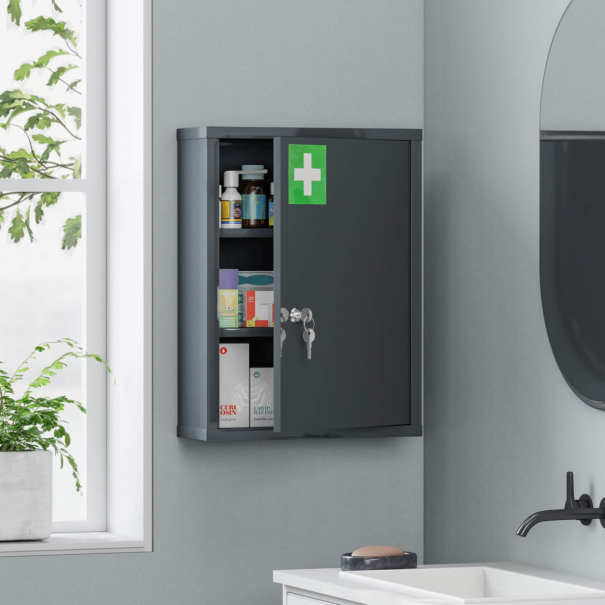 Wall-Mounted Medicine Cabinet with Lock, 3-Tier Steel, 40x15x53.5 cm