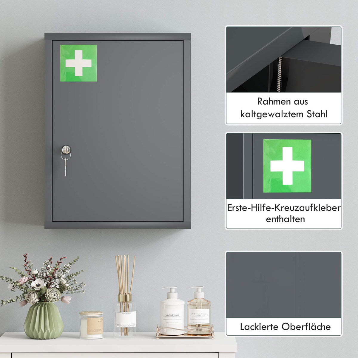 Wall-Mounted Medicine Cabinet with Lock, 3-Tier Steel, 40x15x53.5 cm