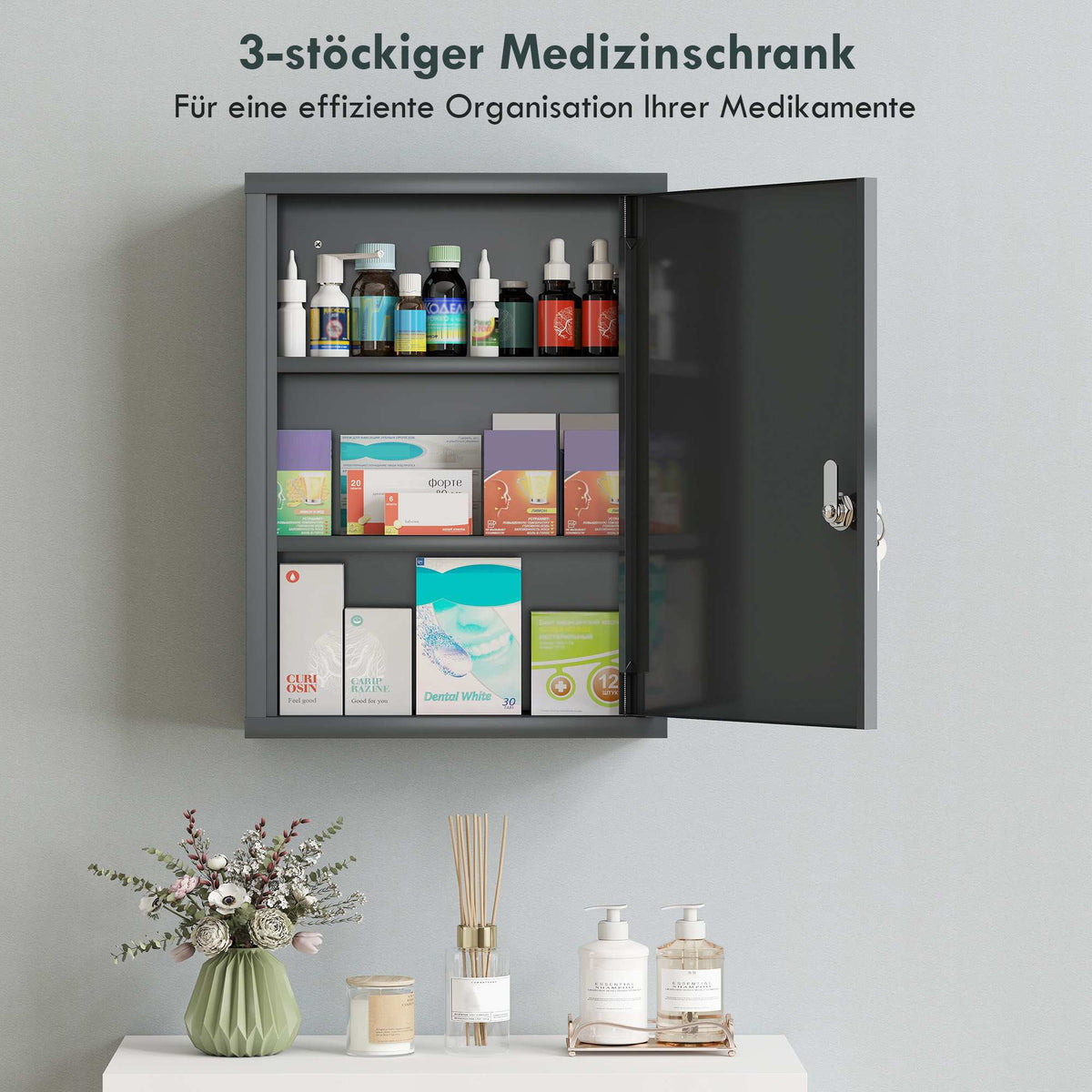 Wall-Mounted Medicine Cabinet with Lock, 3-Tier Steel, 40x15x53.5 cm