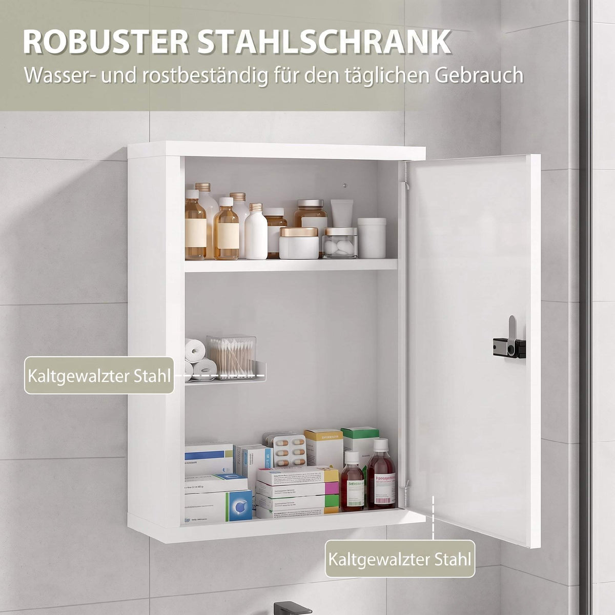 Wall-Mounted Medicine Cabinet with Lock, Steel, White