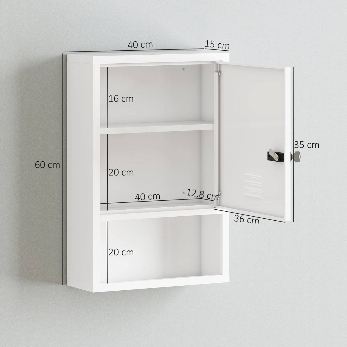 Wall-Mounted Medicine Cabinet with Lock, White, Steel