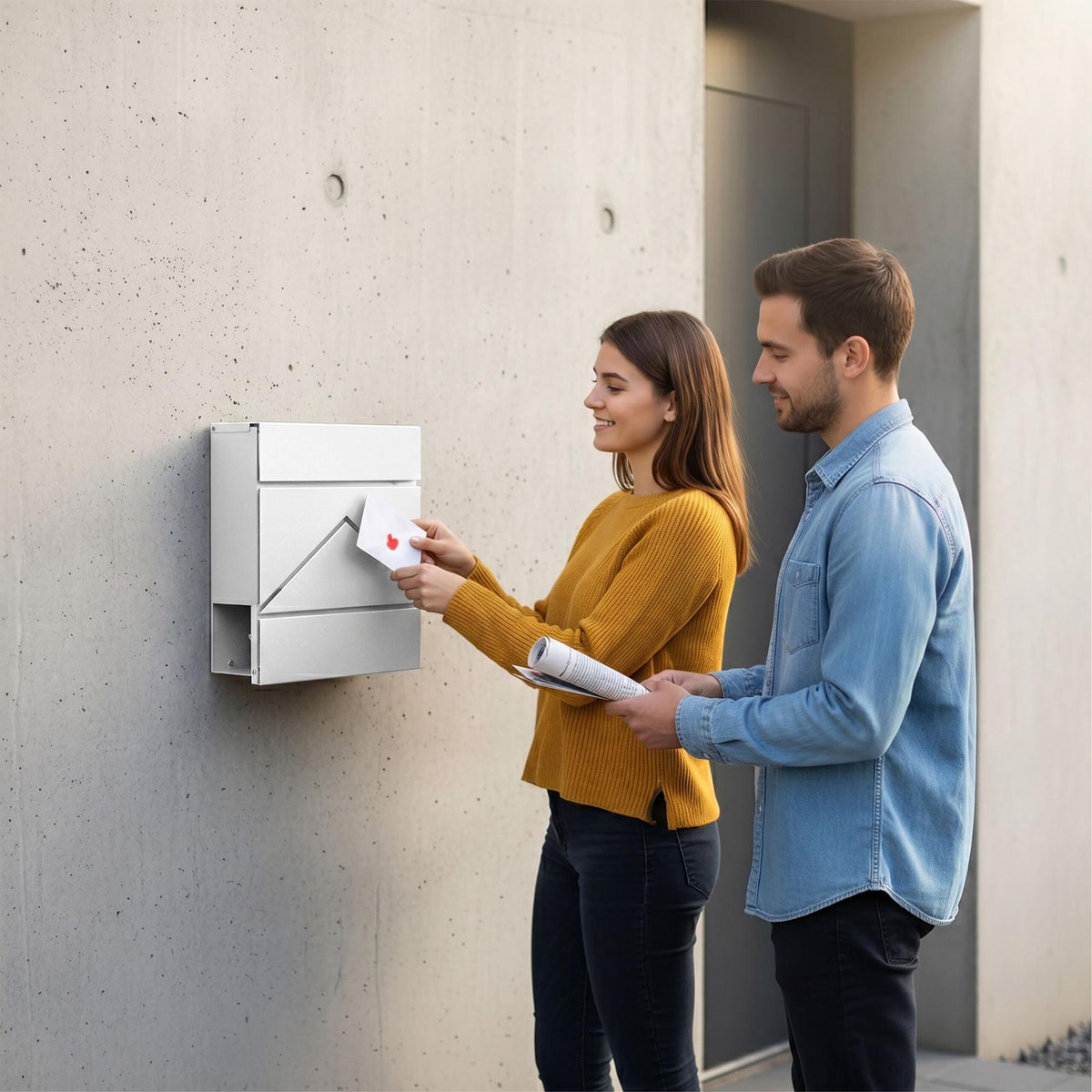 Wall-Mounted Metal Postbox with Newspaper Holder, White