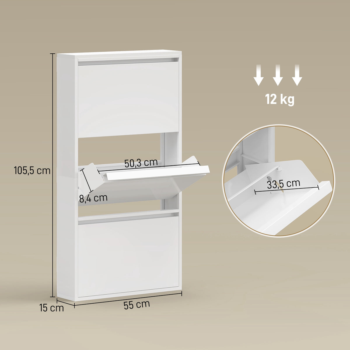 Wall-Mounted Metal Shoe Cabinet, 3 Flip Drawers, White