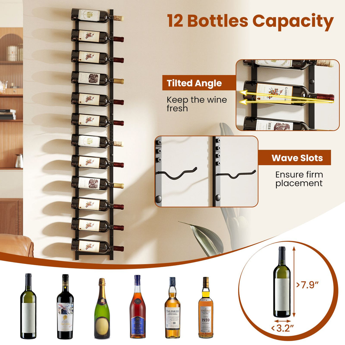 Wall-Mounted Metal Wine Rack, 6–12 Bottle, Black