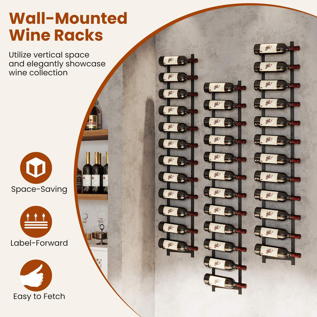Wall-Mounted Metal Wine Rack, 6–12 Bottle, Black