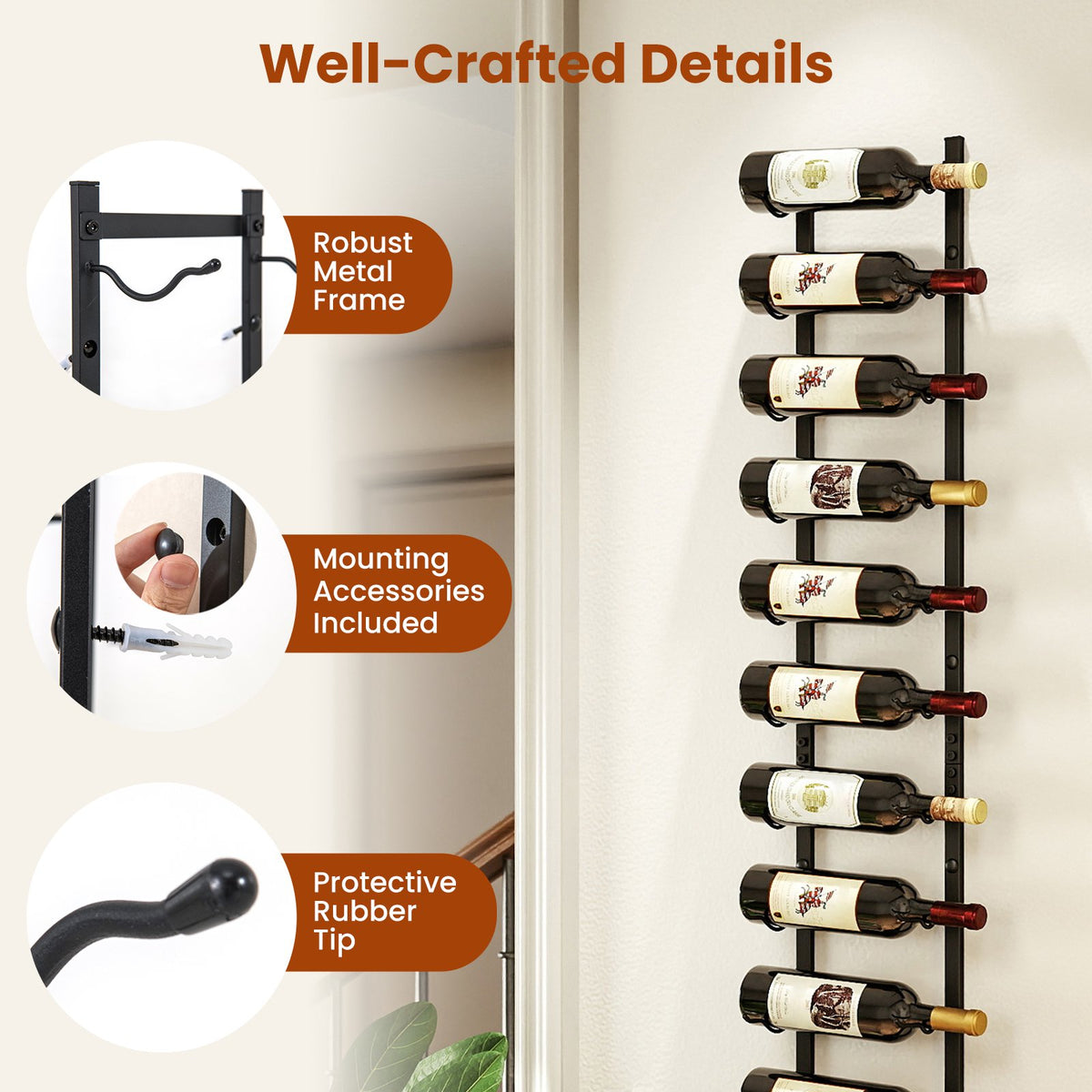 Wall-Mounted Metal Wine Rack, 6–12 Bottle, Black