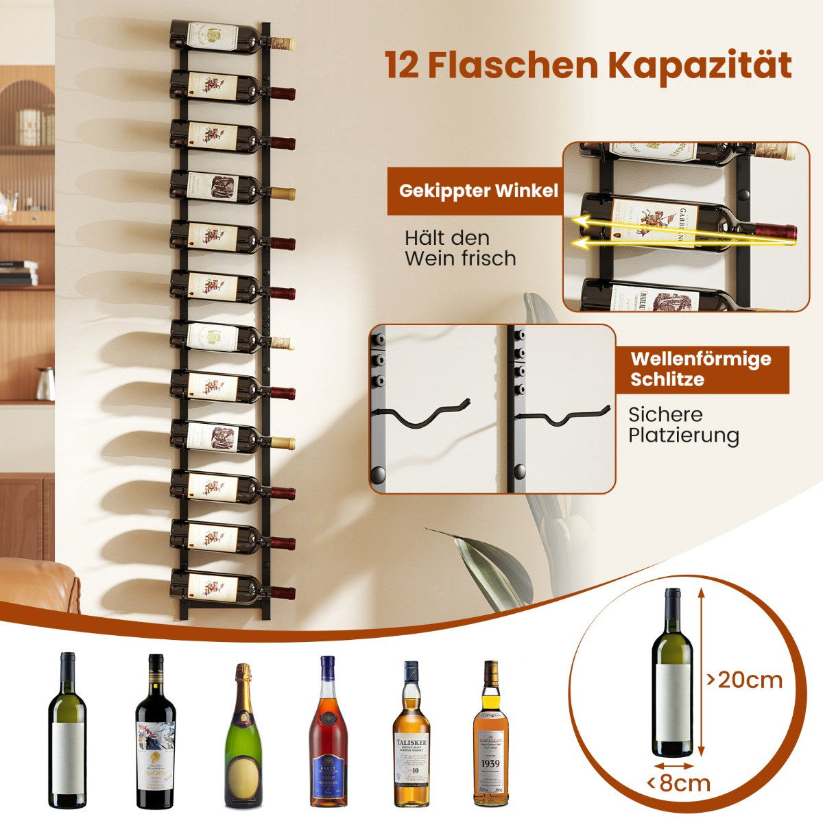 Wall-Mounted Metal Wine Rack for 12 Bottles, Black